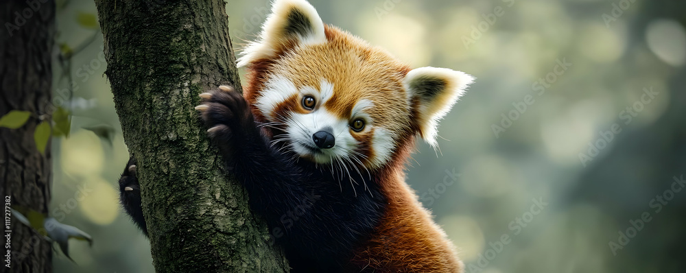 Obraz premium Adorable Red Panda Tree Hugger Realistic Wildlife Image