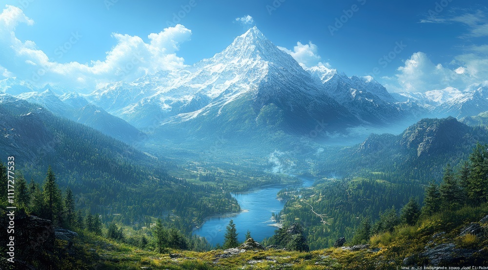 Majestic snow-capped mountain overlooking a serene valley lake and lush green forest. Majestic snow-capped mountain overlooking a serene valley lake and lush green forest.
