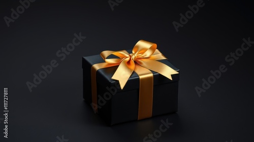 A single black gift box with a large golden bow, set against a dark background, ready for a special occasion.