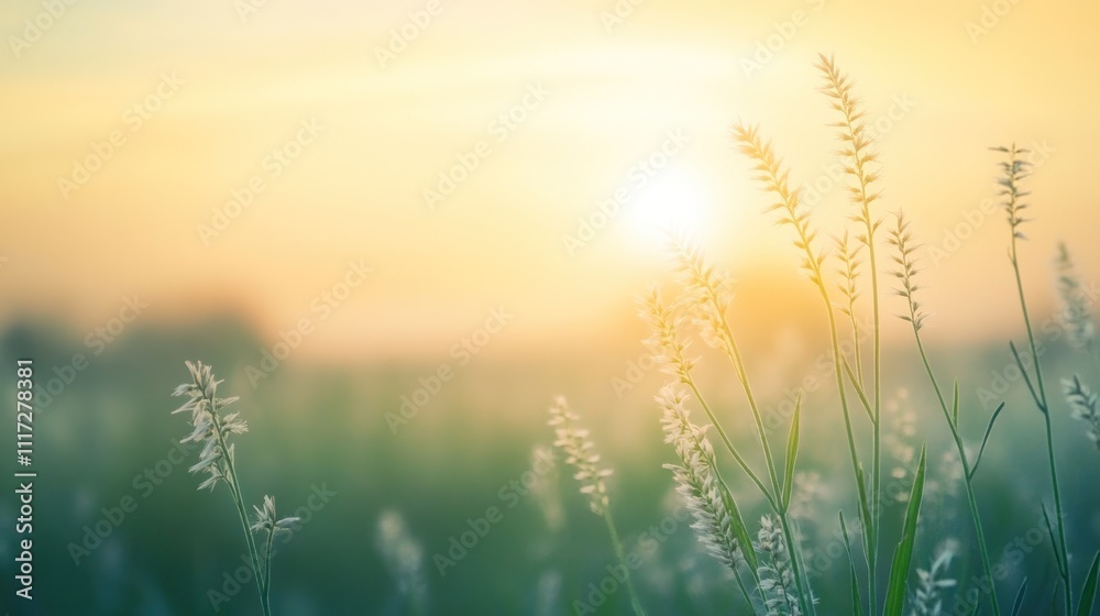 A serene sunrise over a field of tall grass, creating a peaceful atmosphere. A serene sunrise over a field of tall grass, creating a peaceful atmosphere.