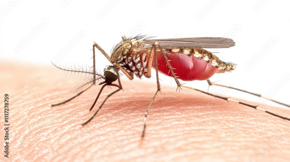 Close-up of a mosquito feeding on human skin, showcasing intricate details of its body and the blood-filled abdomen against a soft white background, symbolizing disease transmission risks. Close-up of a mosquito feeding on human skin, showcasing intricate details of its body and the blood-filled abdomen against a soft white background, symbolizing disease transmission risks.