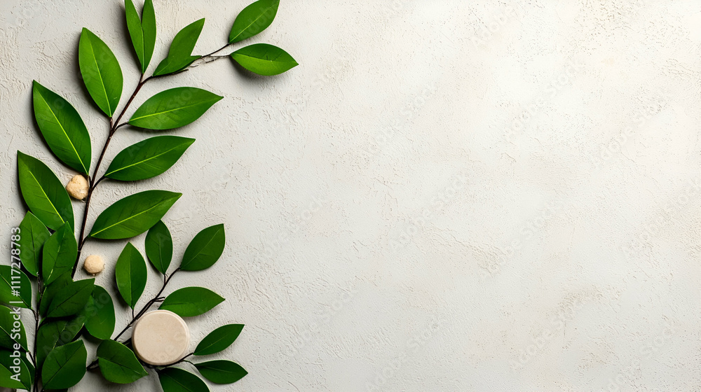 A serene arrangement of green leaves and circular objects on a neutral background, evoking a natural and calming aesthetic. A serene arrangement of green leaves and circular objects on a neutral background, evoking a natural and calming aesthetic.