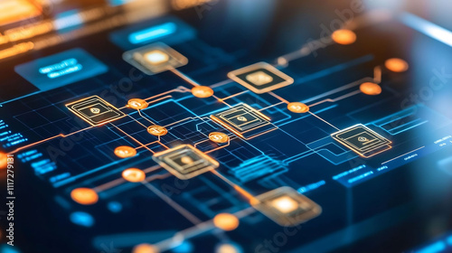 Detailed visual representation of a cryptographic hash function securing a blockchain transaction with digital tokens flying between nodes