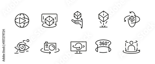 Sd icons. Set of 10 virtual reality trendy minimal icons. VR headset, AR goggles, 360 view, simulation icon. Design signs for web page, mobile app, packaging design. Vector illustration