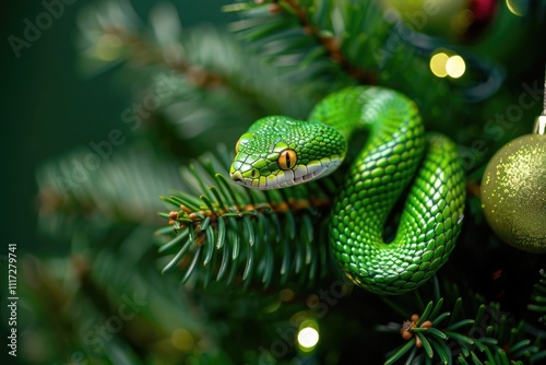 Snake a symbol of 2025 year in Christmas fir tree branches on festive background