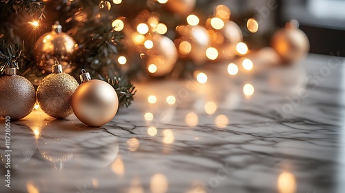A stylish marble table, surrounded by blurred Christmas baubles in gold tones and soft fairy lights, glowing warmly under festive holiday lighting for a chic and modern look --ar 16:9