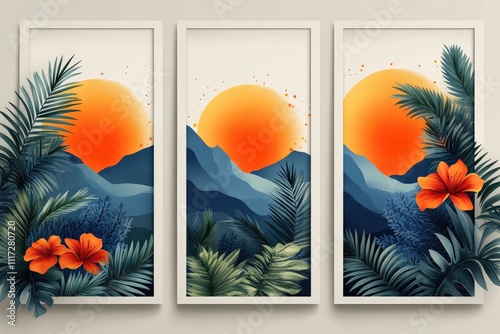 Sunset with tropical plants in frames. Perfect for interior design and home decor, showcasing vibrant colors and textures.