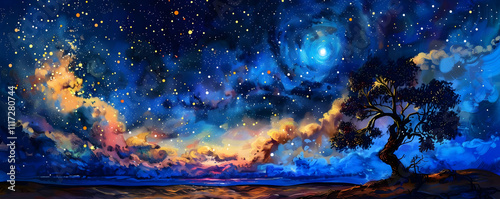 Lonely Tree Under a Starry Sky Illustration