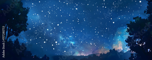 Night Sky Illustration with Silhouetted Trees and Stars