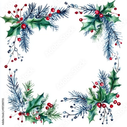 Watercolor Christmas frame with fir branches, pinecone, cotton, leaves isolated on white background.