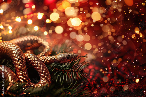 Snake a symbol of 2025 year with Christmas fir tree branch in a red background.