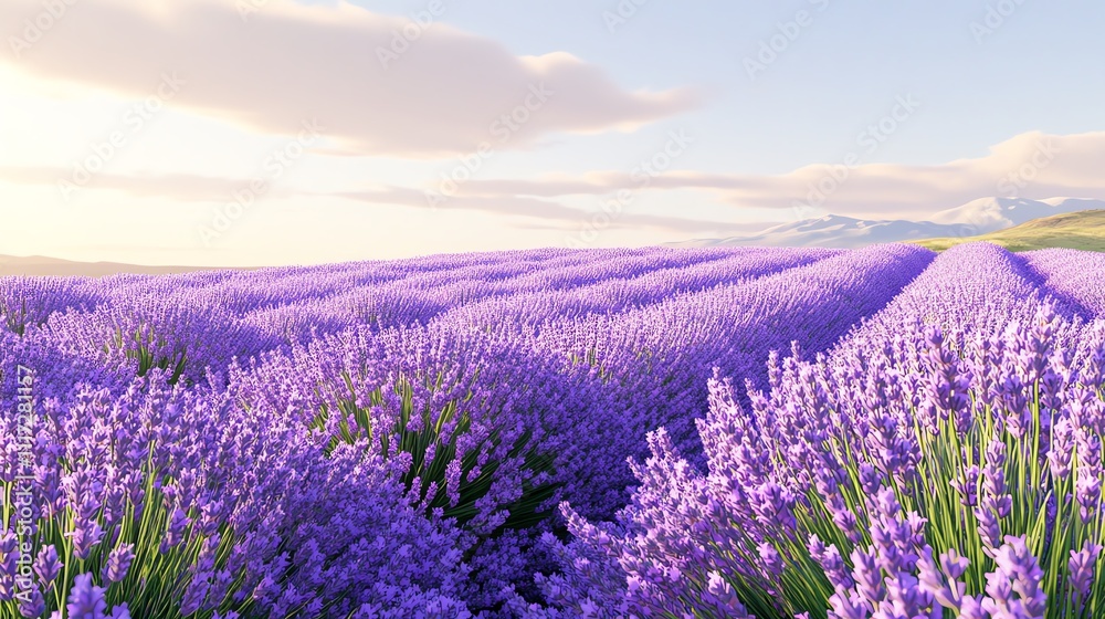 Fototapeta premium a 2D cartoon illustration of a field of lavender flowers in bloom, purple and aromatic, white background--ar 16:9