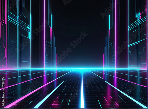 Abstract Technology Futuristic Background with Cyber Screen and Glowing Neon Lights