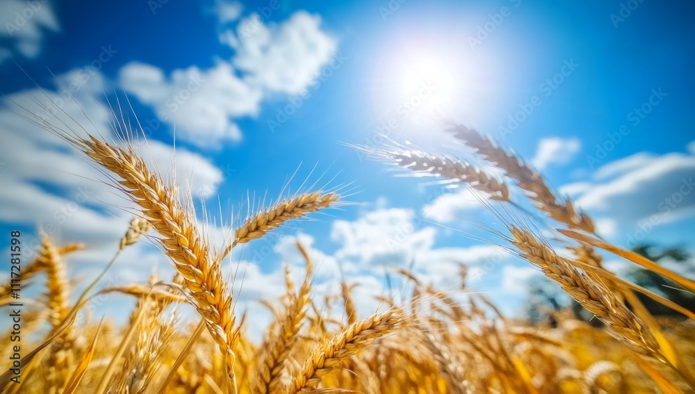 Golden wheat field, blue sky, and white clouds in the background. Golden wheat field, blue sky, and white clouds in the background.