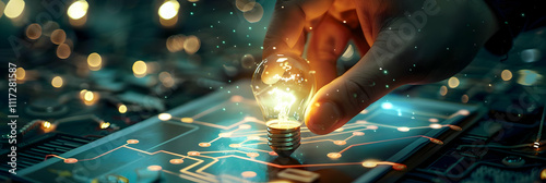 3D Illustration of Hand Placing a Lightbulb on a Circuit Board with Glowing Lines