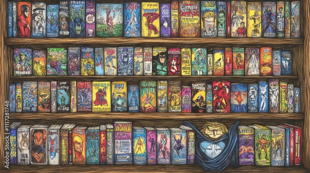 A colorful bookshelf filled with various comic book covers and graphic novels. A colorful bookshelf filled with various comic book covers and graphic novels.