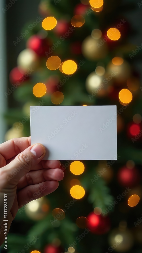 Mockup of white paper business card in person's hand against Christmas tree background. Gift card or certificate and copy space for text. New Year invitation. Greeting voucher. Winning lottery ticket