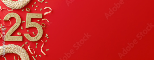 Number 2025 with golden snakes a symbol of year on festive red background.