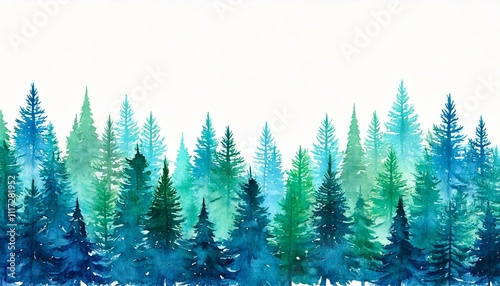 Watercolor illustration of lush green pine trees in varying shades of blue and green.