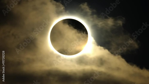 Annular solar eclipse with the sun forming a bright ring around the shadowed moon.