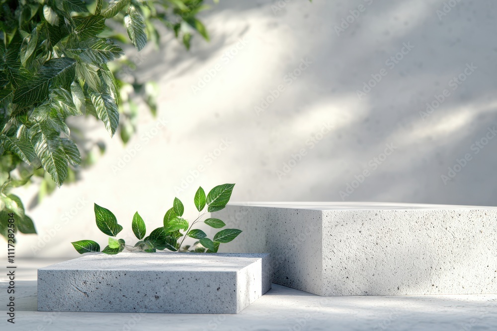 A minimalist scene featuring concrete blocks and lush green foliage. A minimalist scene featuring concrete blocks and lush green foliage.
