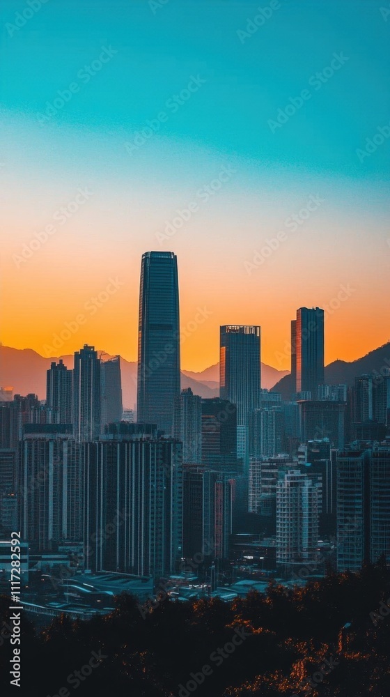 City skyline at sunset with mountains in the background. City skyline at sunset with mountains in the background.