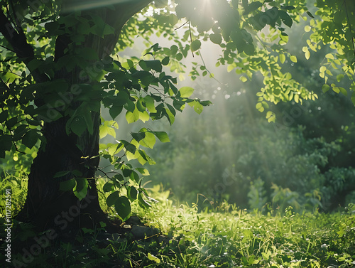 Sunlight Through Green Leaves in a Forest Illustration