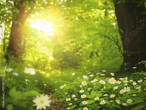 Sunlit Forest Path with Daisies - Illustration