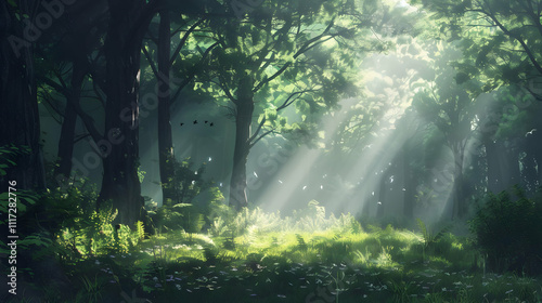 Sunlight Breaking Through the Forest Canopy - Digital Illustration