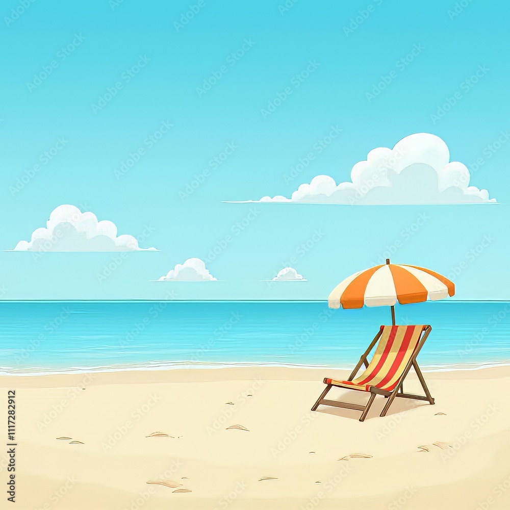 Vector illustration of beach with, a blue umbrella, blue beach wooden deck chair, and a blue beach ball. enjoy the summer text on the left side. summer vacation at the beach. Vector illustration of beach with, a blue umbrella, blue beach wooden deck chair, and a blue beach ball. enjoy the summer text on the left side. summer vacation at the beach.