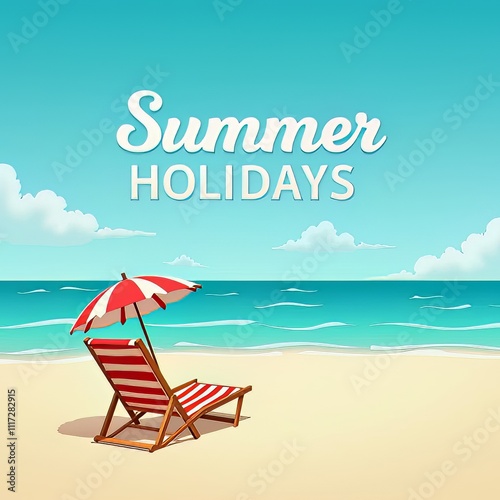 Vector illustration of beach with, a blue umbrella, blue beach wooden deck chair, and a blue beach ball. enjoy the summer text on the left side. summer vacation at the beach.
