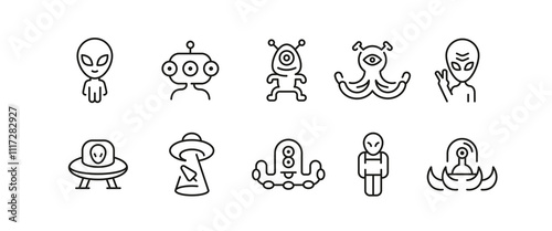 Alien icons. Set of 10 Alien trendy minimal icons. Example: UFO, alien waving, Saturn, alien spaceship, Ray gun. Design signs for web page, mobile app, packaging design. Vector illustration.