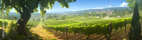 Vineyard Landscape Illustration with Tree, Village, and Mountains