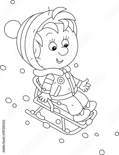 Little boy on his small sled sliding down a snowy slope of a hill on a playground in a winter park, black and white outline vector cartoon illustration for a coloring book