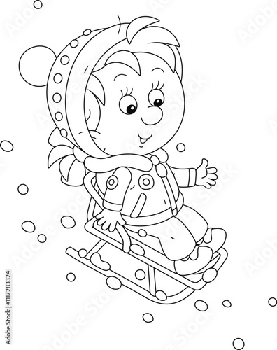 Little girl on her small sled sliding down a snowy slope of a hill on a playground in a winter park, black and white outline vector cartoon illustration for a coloring book
