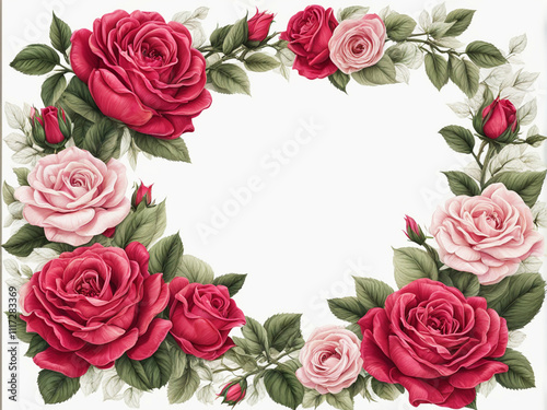 Frame Border with Hand-Drawn Blooming Roses Isolated on a Transparent Background