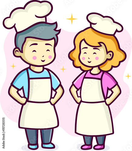 Cute Liitle Couple Wearing Chef Uniform Cartoon Illustration