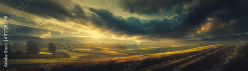 Golden Hour Landscape with Dramatic Clouds Illustration