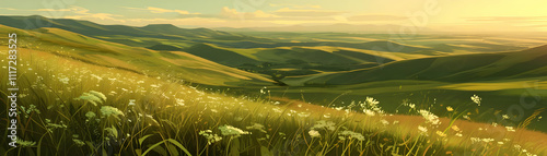 Green Hills and White Flowers Illustration