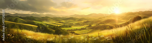 Golden Hills Sunset Landscape Illustration