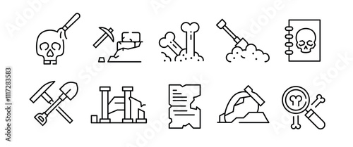 Archaeology icons. Set of 10 archaeology-themed minimal icons. Map, Shovel, Artifact, Fossil, Ancient Vase icons. Design signs for web pages, mobile apps, related to history. Vector illustration
