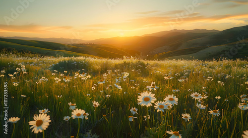 Golden Hour Sunset Meadow with Daisies - Photo