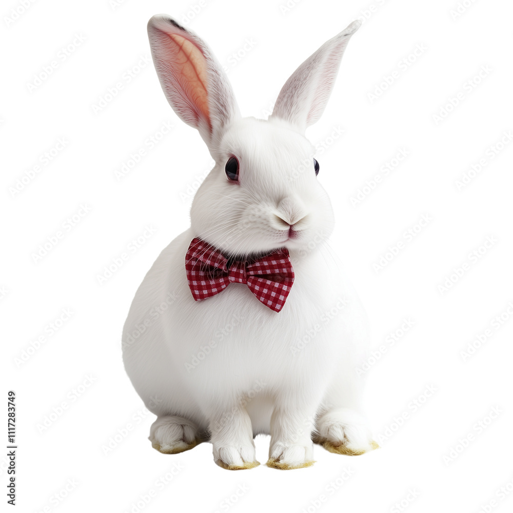 Obraz premium White rabbit with bow tie isolated on transparent background. Generated AI.