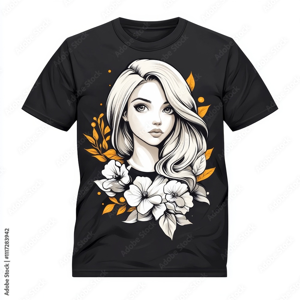 Woman Floral Design Black T Shirt Mockup Woman Floral Design Black T Shirt Mockup