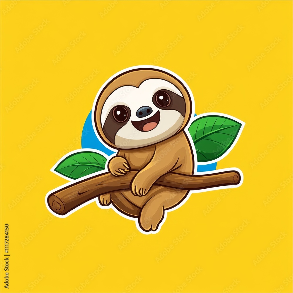 Obraz premium Cute Cartoon Sloth Hanging on Branch with Leaves