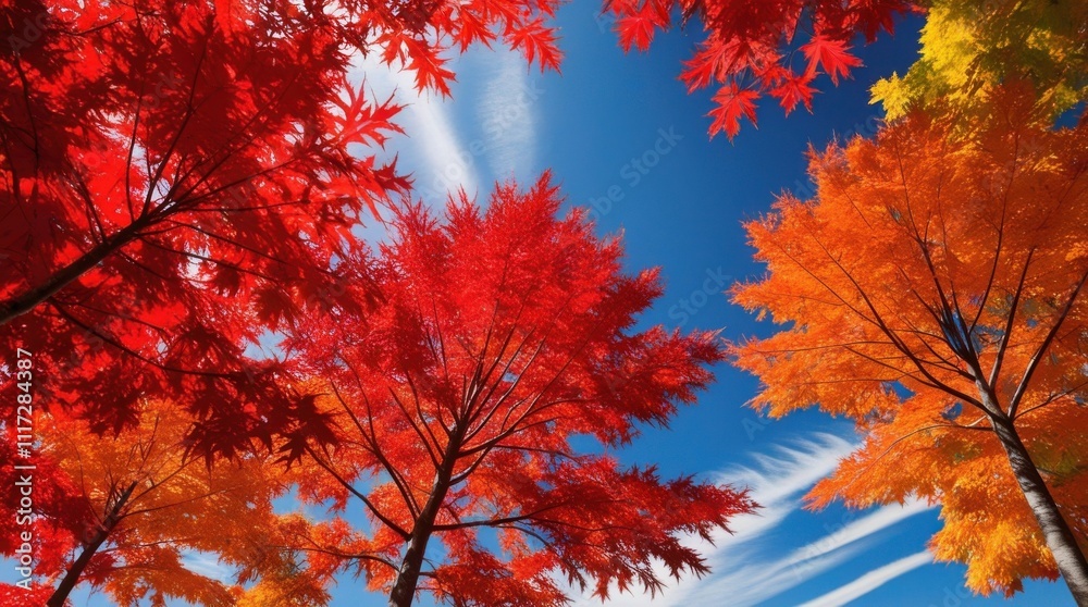 Bright red maples in sunlight against a blue sky Bright red maples in sunlight against a blue sky