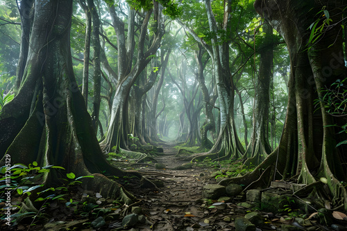 Mystical Forest Path With Sunlight Through The Trees - Photo