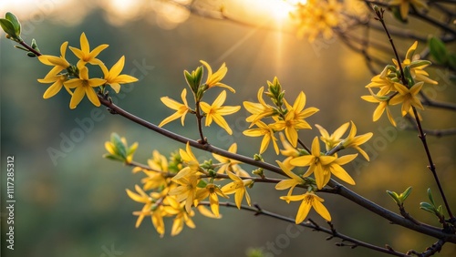 Golden Forsythia Flowers in a Warm Sunset Glow