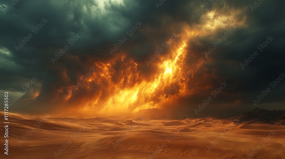 Fototapeta premium Dramatic desert storm unleashes fiery clouds over dunes landscape