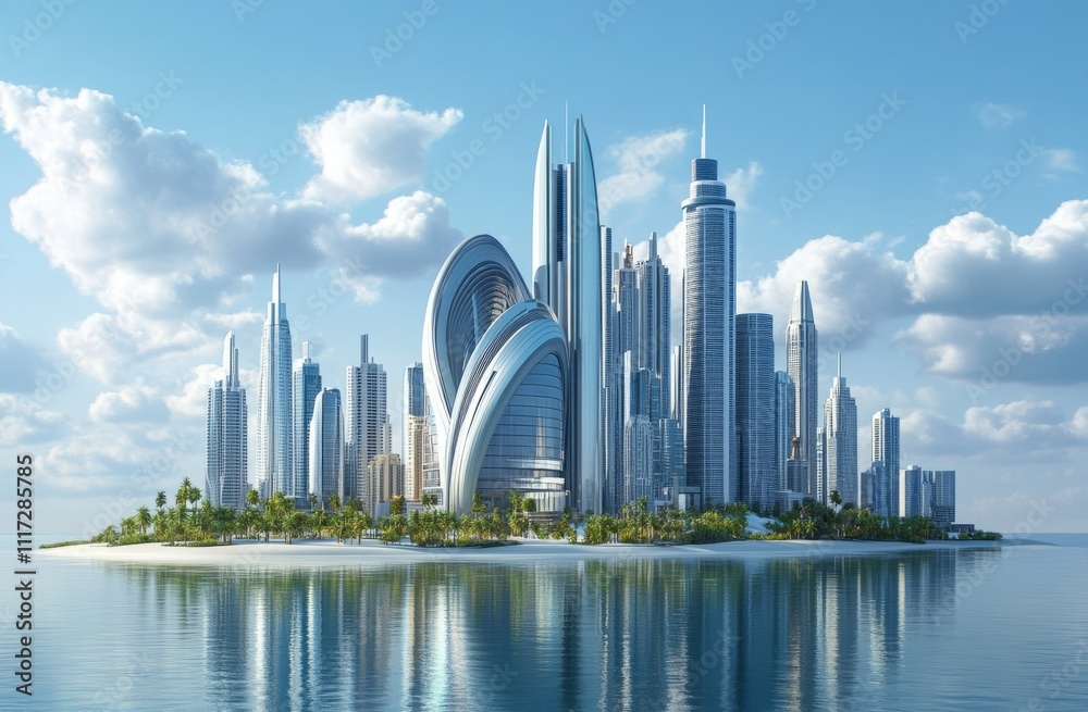 Obraz premium 3D rendering of the city skyline in Dubai with modern buildings and skyscrapers. 